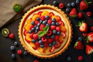 fresh fruit tart with fresh berries on dark background photo