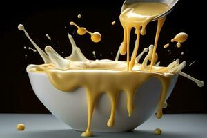 a spoonful of yellow liquid being poured into a bowl photo