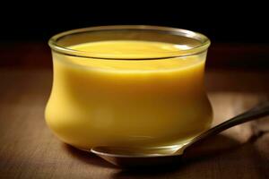 a glass of yellow liquid with a spoon photo