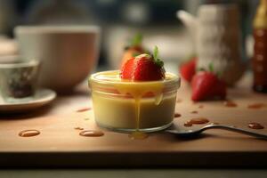 a dessert with strawberries and a spoon on a table photo