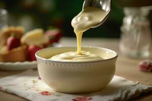 a spoon is dipping into a bowl of cream photo