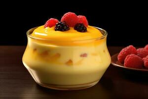 a dessert with fruit and berries in a glass photo