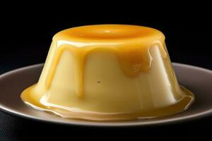 a pudding with caramel sauce on a plate photo