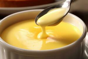 a spoonful of custard is being poured into a bowl photo