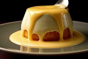 a dessert with a spoon being dipped into a yellow sauce photo