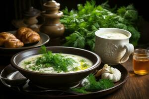 mushroom soup in kitchen table food photography AI Generated photo