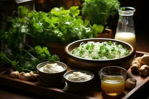 mushroom soup in kitchen table food photography AI Generated photo