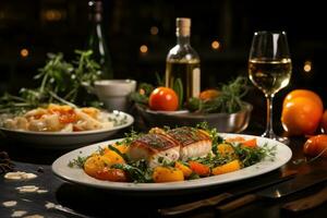 restaurant table with gourmet menu advertising food photography photo