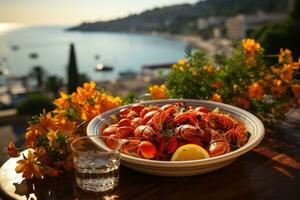 restaurant table with seafood menu advertising food photography photo