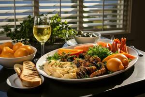 restaurant table with seafood menu advertising food photography photo