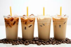 Iced coffee in plastic cups with straw advertising food photography photo