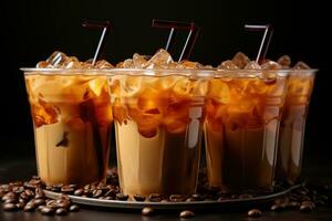 Iced coffee in plastic cups with straw advertising food photography photo
