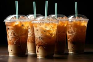 Iced coffee in plastic cups with straw advertising food photography photo