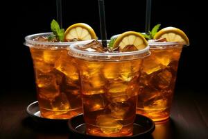 Iced tea in plastic cups with straw advertising food photography photo