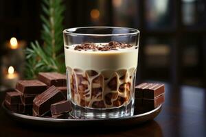 a glass of warm chocolate in winter advertising food photography photo