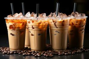 Iced coffee in plastic cups with straw advertising food photography photo