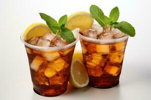 Iced tea in plastic cups with straw advertising food photography photo