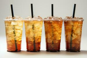 Iced coffee in plastic cups with straw advertising food photography photo