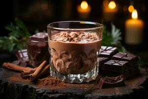 un vaso de calentar chocolate en invierno publicidad comida fotografía foto