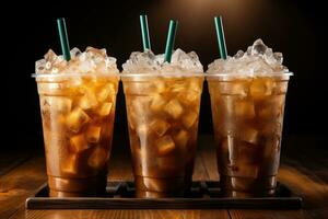 Iced coffee in plastic cups with straw advertising food photography photo