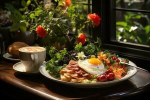 desayuno en un café atmósfera profesional publicidad fotografía ai generado foto