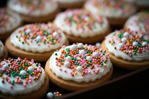 frosted sugar cookies with sprinkles professional food photography AI Generated photo