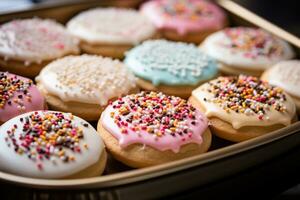 frosted sugar cookies with sprinkles professional food photography AI Generated photo