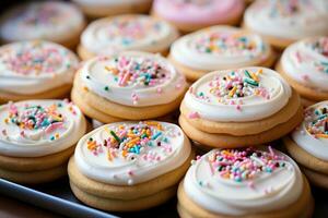 frosted sugar cookies with sprinkles professional food photography AI Generated photo