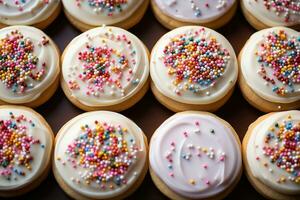 frosted sugar cookies with sprinkles professional food photography AI Generated photo