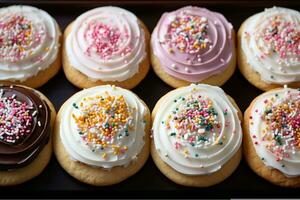 frosted sugar cookies with sprinkles professional food photography AI Generated photo