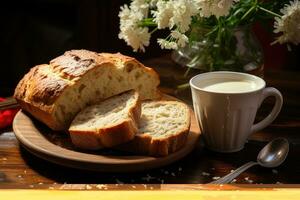 breakfast with bread and a cup of coffee professional food photography AI Generated photo
