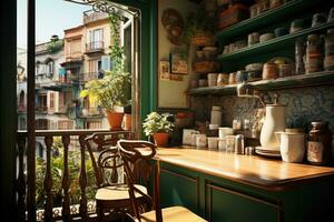 inside kitchen Balcony view vintage style advertising photography AI Generated photo