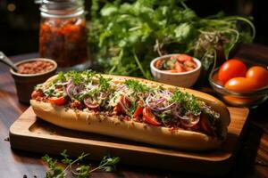 hotdog in kitchen table advertising food photography AI Generated photo