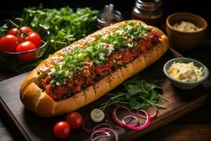 hotdog in kitchen table advertising food photography AI Generated photo