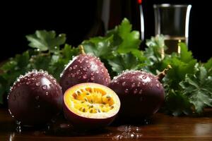 purple Passionfruit in the kitchen table advertising food photography AI Generated photo