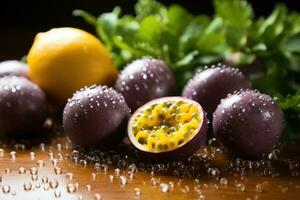 purple Passionfruit in the kitchen table advertising food photography AI Generated photo