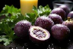 purple Passionfruit in the kitchen table advertising food photography AI Generated photo