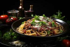 espaguetis boloñesa con parmesano queso y Tomates publicidad comida fotografía ai generado foto