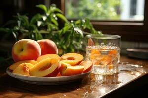 Peach Fruit slice in the kitchen table professional advertising food photography ai generated photo