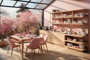 modern wood and pink kitchen professional advertising photography ai generated photo