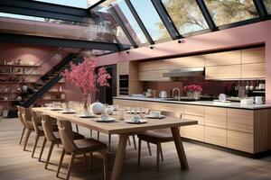 modern wood and pink kitchen professional advertising photography ai generated photo