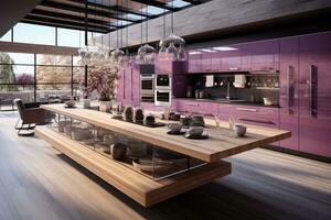 modern wood and purple kitchen professional advertising photography ai generated photo