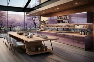 modern wood and purple kitchen professional advertising photography ai generated photo