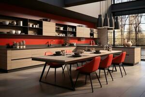 modern wood and red kitchen professional advertising photography ai generated photo