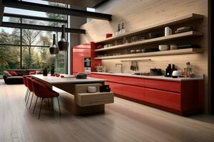 modern wood and red kitchen professional advertising photography ai generated photo