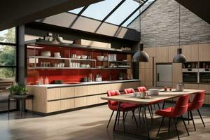 modern wood and red kitchen professional advertising photography ai generated photo