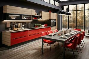 modern wood and red kitchen professional advertising photography ai generated photo