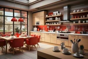 modern wood and red kitchen professional advertising photography ai generated photo