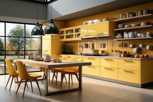 modern wood and yellow kitchen professional advertising photography ai generated photo