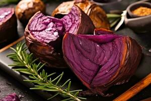 roasted fresh purple sweet potato professional advertising food photography ai generated photo